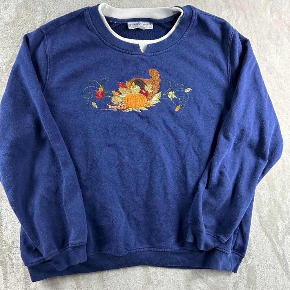 Rebecca Malone Sweater Blue XL Long Sleeve Autum Leaf Sweatshirt Crewneck - Picture 1 of 6